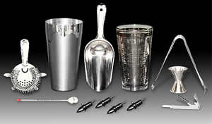 Bar accessories & equipment for bars, home or public, supply for your next party.  Cocktail recipes guides, cocktail shakers, barware, jigger, shooters, bar home kits, bar caddy, martini shakers, condiment trays, bar spoons, bartender guides to mixed drinks, Margarita rimmers, Printed recipe glass shaker, Four-prong strainer, Ice tongs, Ice scoop, stainless bullet shaker set, 1 oz. / 1.5 oz. jigger, Pro corkscrew, bullet shaker set, Bar caddy, Margarita rimmer, Six pint condiment tray, Black drink mat, Box poly drink straws, sword picks, margarita salt, Shooter Set