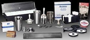 Bar accessories & equipment for bars, home or public, supply for your next party.  Cocktail recipes guides, cocktail shakers, barware, jigger, shooters, bar home kits, bar caddy, martini shakers, condiment trays, bar spoons, bartender guides to mixed drinks, Margarita rimmers, Printed recipe glass shaker, Four-prong strainer, Ice tongs, Ice scoop, stainless bullet shaker set, 1 oz. / 1.5 oz. jigger, Pro corkscrew, bullet shaker set, Bar caddy, Margarita rimmer, Six pint condiment tray, Black drink mat, Box poly drink straws, sword picks, margarita salt, Shooter Set