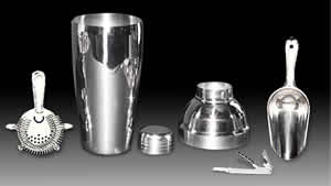 Bar accessories & equipment for bars, home or public, supply for your next party.  Cocktail recipes guides, cocktail shakers, barware, jigger, shooters, bar home kits, bar caddy, martini shakers, liquor pourers, condiment trays, bar spoons, bartender guides to mixed drinks, Margarita rimmers, Printed recipe glass shaker, Four-prong strainer, Ice tongs, Ice scoop, stainless bullet shaker set, 1 oz. / 1.5 oz. jigger, Pro corkscrew, bullet shaker set, Bar caddy, Margarita rimmer, Six pint condiment tray, Black drink mat, Box poly drink straws, sword picks, margarita salt, Shooter Set